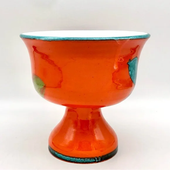 Italian Art Pottery Compote Planter Atomic Orange Pedestal Bowl Vase MCM Italy